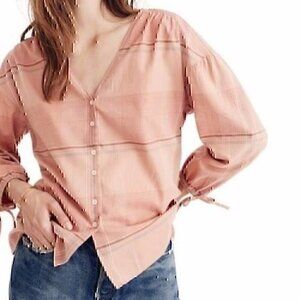 MADEWELL Morningview Tie Sleeve Shirt Orange Red Plaid 3/4 Sleeve 100% Cotton